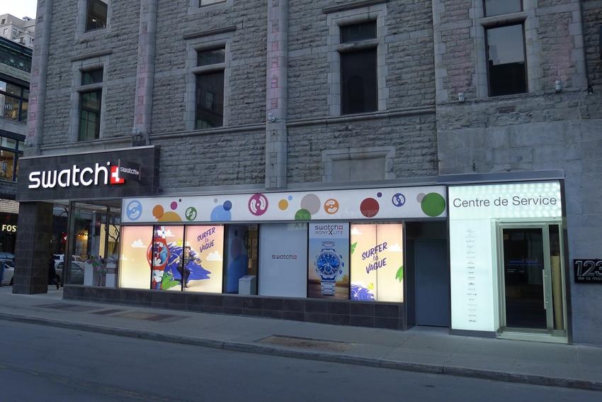 Swatch Group's Montreal Customer Service Center on de la Montagne, near the corner with St-Catherine.