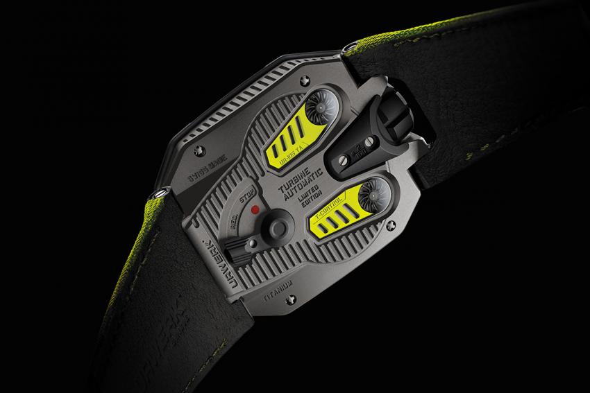 The back of the UR-105 TA "Black Lemon" unveils the dual air turbines that regulate the automatic winding.