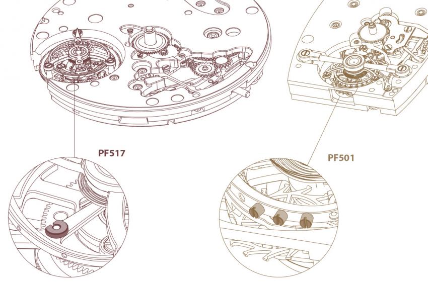 The tourbillon cage of the PF517 is equipped with a variable inertia balance instead of a screw balance.