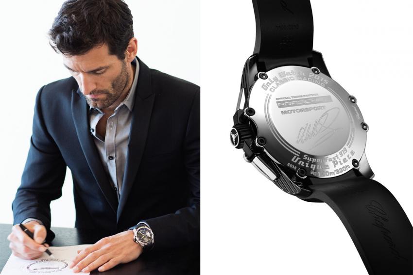 The back of the Chopard Superfast Chrono Porsche 919 Only Watch 2015 bears the signature of racing champion Mark Webber.