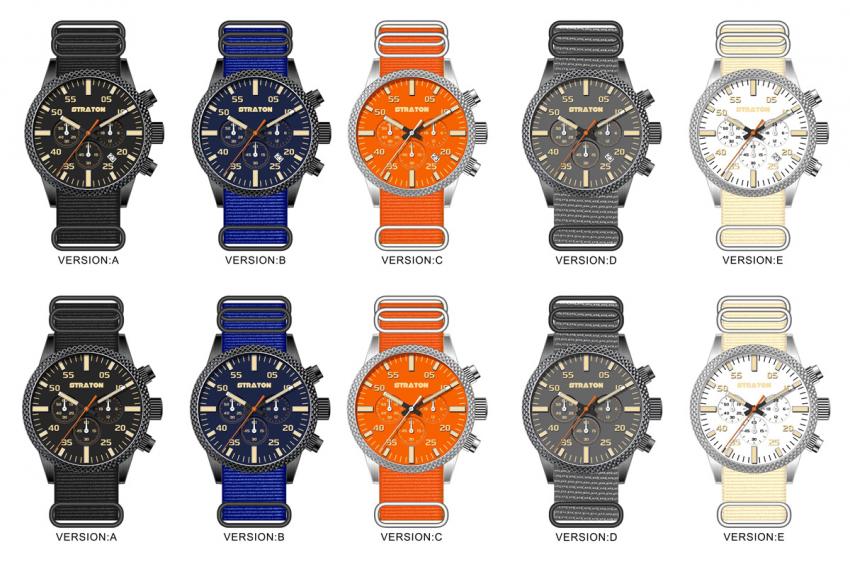 The different colour choices for the Straton Vintage Driver Chrono (date and no date)