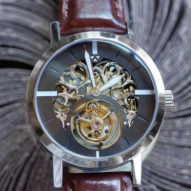 Lydian Skeleton Tourbillon with black and white Swiss Super-Luminova and one-minute carousel tourbillon in a 44mm stainless steel case. Scott’s watch. 