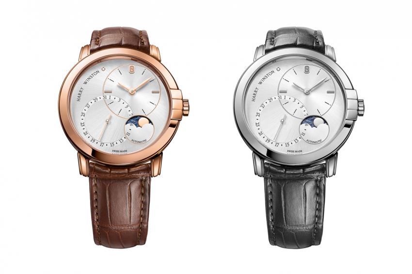 Harry Winston Midnight Date Moonphase Automatic 42mm is offered in 18-carat rose gold or white gold