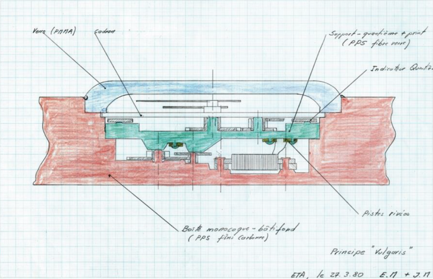 The very first sketch of the ground-breaking Swatch case, named “Vulgaris”. The drawing marks the launch of the whole project on March 27, 1980.