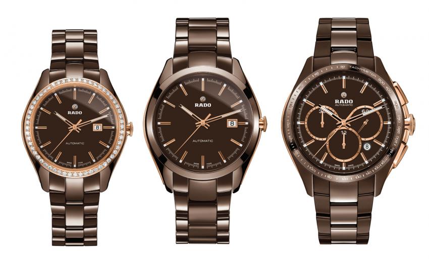 The new brown ceramic Rado HyperChrome collection: the Limited Edition Rado HyperChrome Automatic Diamonds, the Rado HyperChrome Automatic, and the Limited Edition Rado HyperChrome Automatic Chronograph Tachymeter.