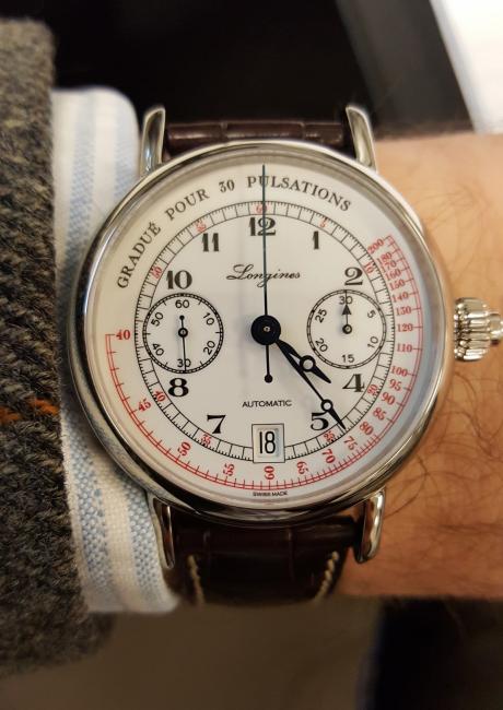 The Longines Pulsometer Chronograph on the author's wrist.