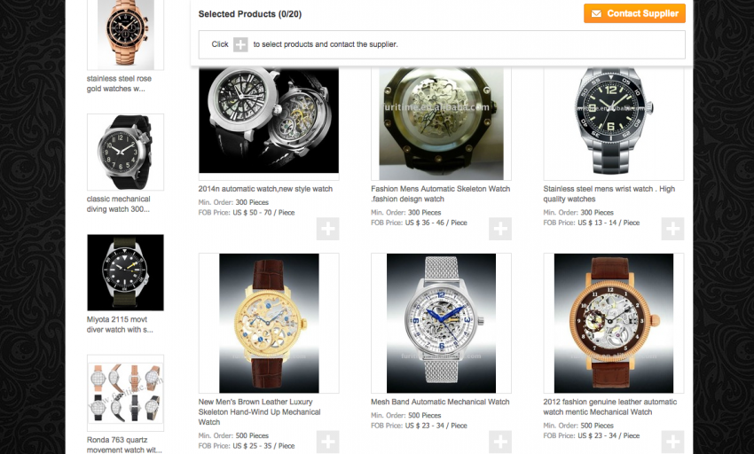 The storefront of a Chinese watchmaking company on Alibaba