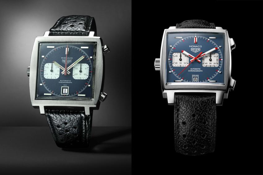 Side-by-side the original Heuer Monaco 1969 and the 2015 Monaco Calibre 11 Chronograph