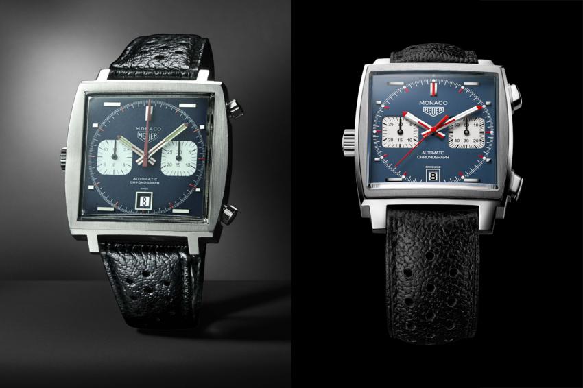 Side-by-side the original Heuer Monaco 1969 and the 2015 Monaco Calibre 11 Chronograph