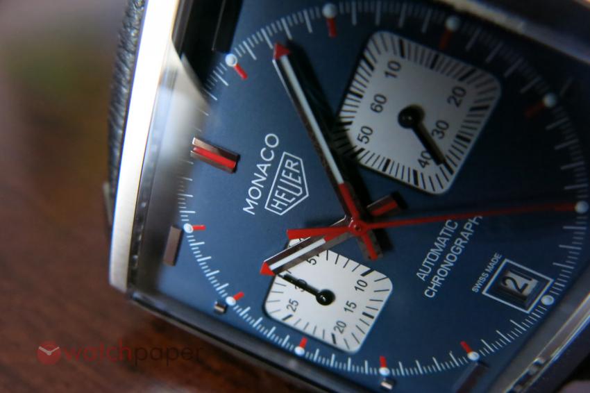 A closer look at the petroleum blue dial of the TAG Heuer Monaco Calibre 11 CAW211P