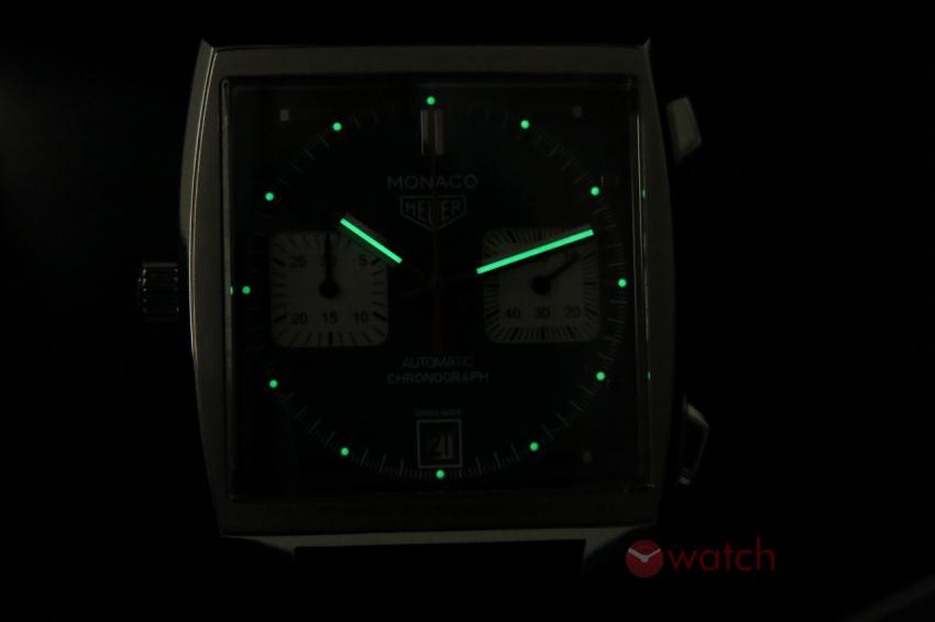 Lume shot of the TAG Heuer Monaco Calibre 11 CAW211P