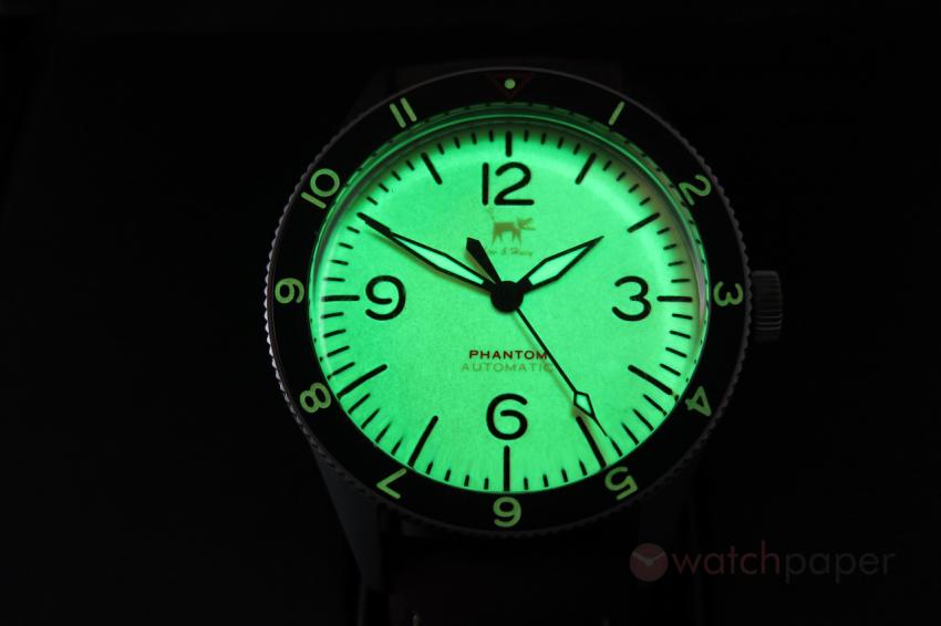 The full lume dial of the Lew & Huey Phantom A Khaki.