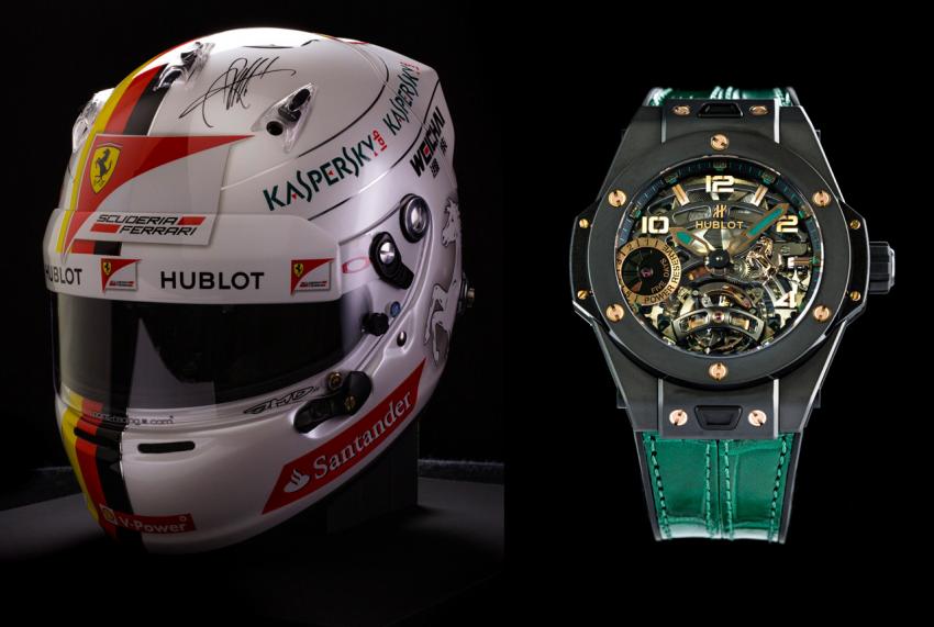 The replica of the helmet worn by Sebastian Vettel and an original Big Bang Ferrari Tourbillon Mexico