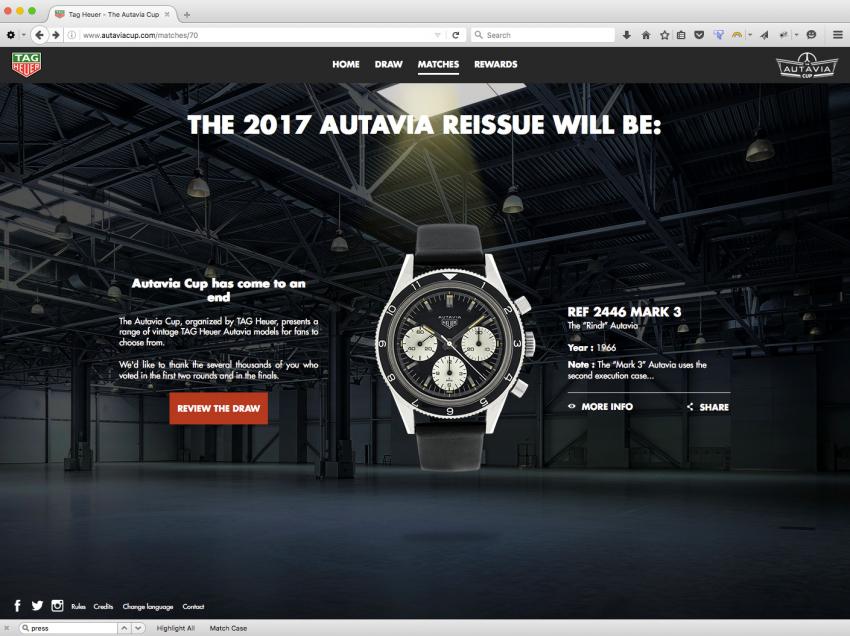 In 2017, TAG Heuer will reissue the 1966 Autavia "Rindt" Reference 2446 Mark 3 featuring a black dial with white registers.