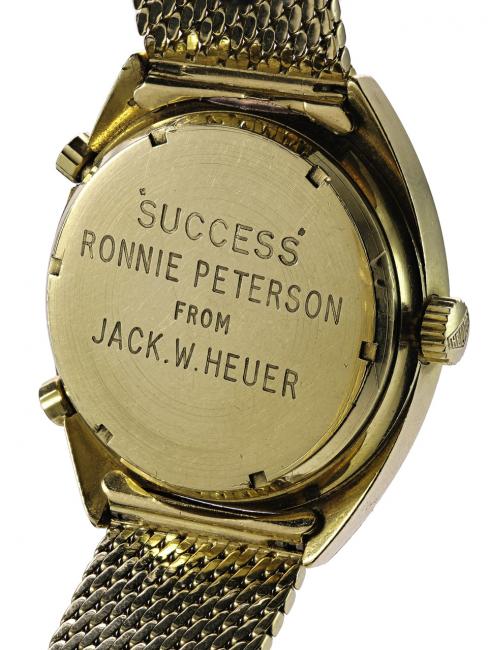 The back of “the racing car driver’s watch” with a message from Jack Heuer