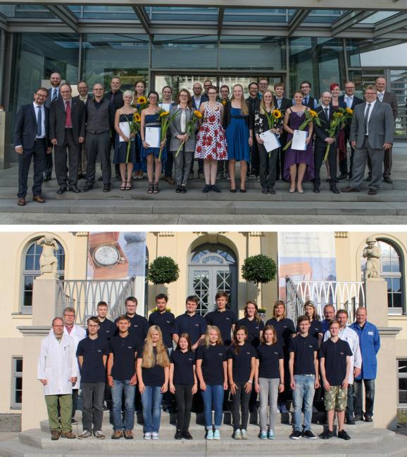 Top: The 2016 graduates of the “Alfred Helwig” School of Watchmaking with school staff. Bottom: August 1, 2016 The first days of school for the new cohort of watchmaker and toolmaker apprentices.