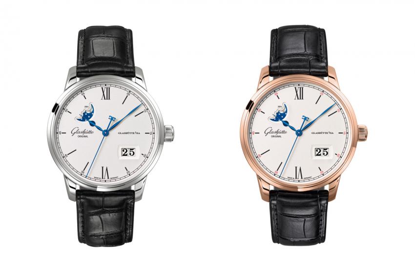 The two flavours of the Glashütte Original Senator Excellence Panorama Date Moon Phase: stainless steel (Ref. 1-36-04-01-02-01) and red gold (Ref. 1-36-04-02-05-01).