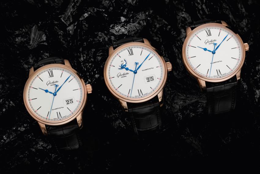 The rose gold Glashütte Original Senator Excellence collection: Senator Excellence Panorama Date (Ref. 1-36-03-02-05-01), Senator Excellence Panorama Date Moon Phase (Ref. 1-36-04-02-05-01), and Senator Excellence (Ref. 1-36-59-02-05-01)