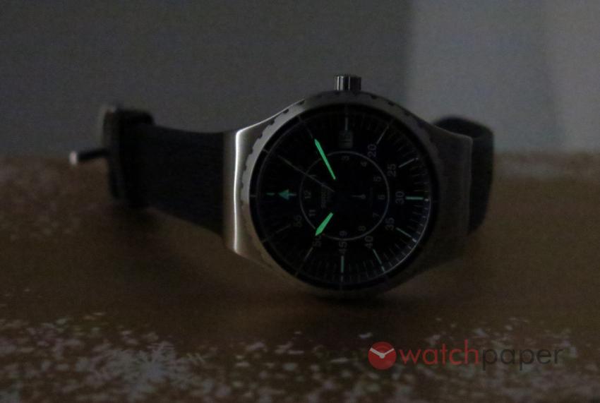 A lume-shot of the Swatch Sistem51 Irony