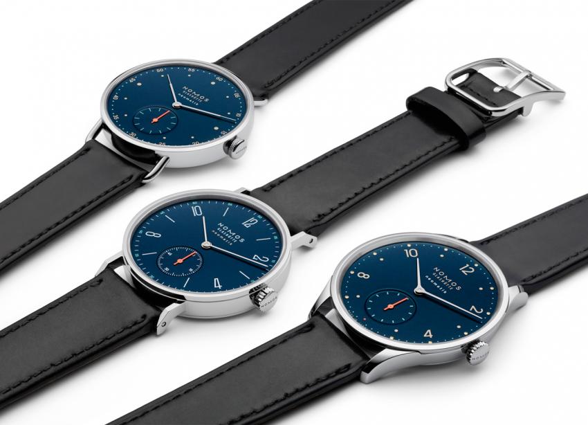 Three pieces from the new NOMOS Neomatik Nachtblau collection: Tangente, Metro and Minimatik