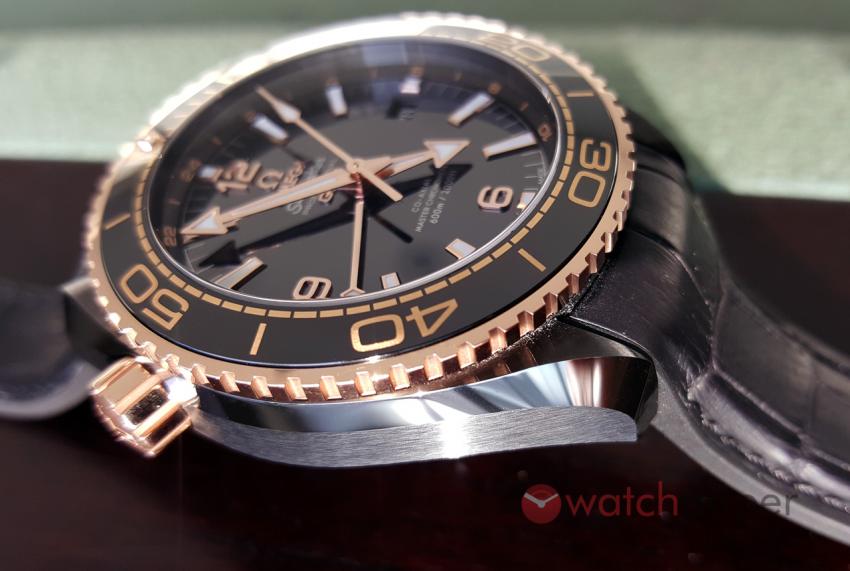 A profile view of the Omega Seamaster Planet Ocean “Deep Black”