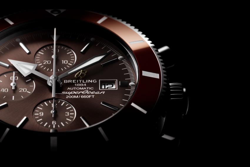 A closer look at the dial of the bronze-coloured Breitling Superocean Héritage II Chronograph 46 