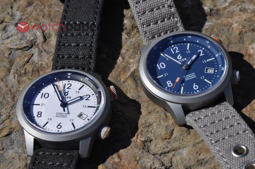 Boldr Expedition Eiger (white dial and black bezel) and Everest (blue dial and bezel)